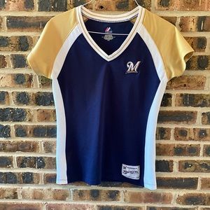 Milwaukee Brewers Majestic Jersey v-neck, blue w/embroidered M, Women’s Large